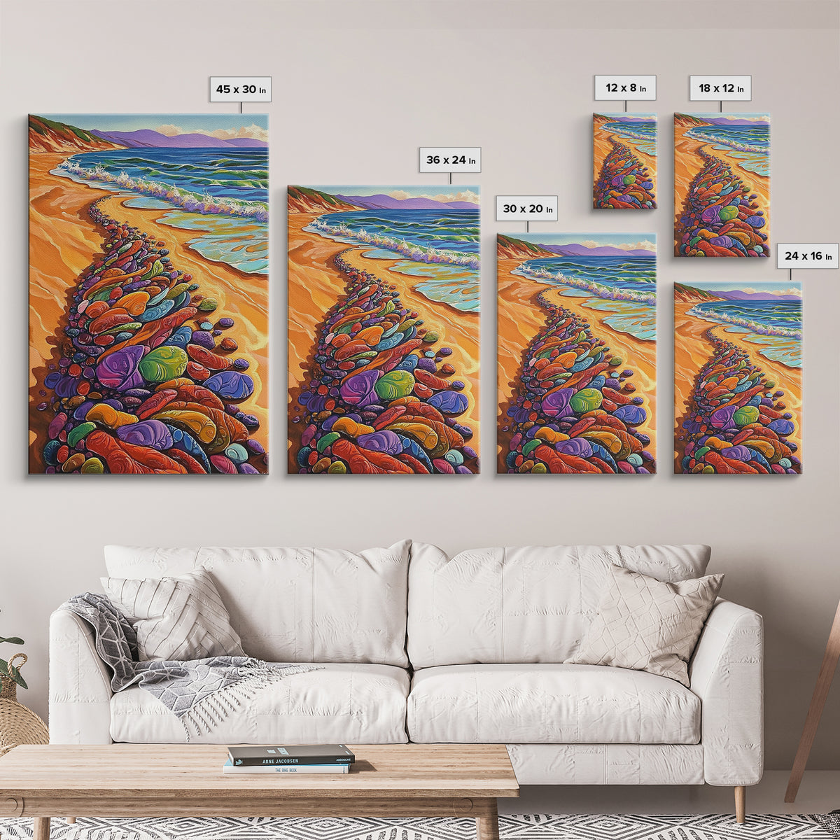 Colorful Rocks, Coastal Art, Vibrant Beach, Framed Canvas Print, nature-inspired painting, whimsical art, Hallway Wall Art
