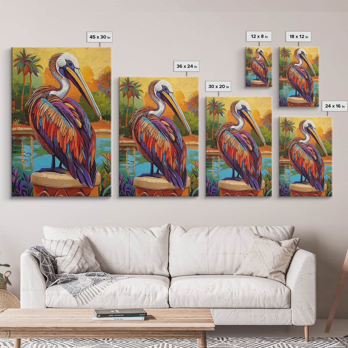 Pelican Portrait, Coastal Bird, Tropical Scene, Canvas Print, beach house decor, boho coastal art, Wildlife Painting, Living Room Wall Art