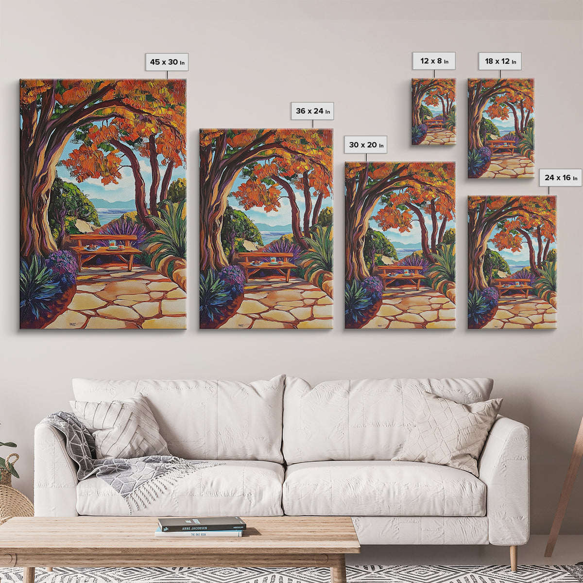 Autumn Table, Garden Path, Scenic View, Framed Canvas Print, cozy fall art, rustic decor, nature painting, Dining Room Wall Art