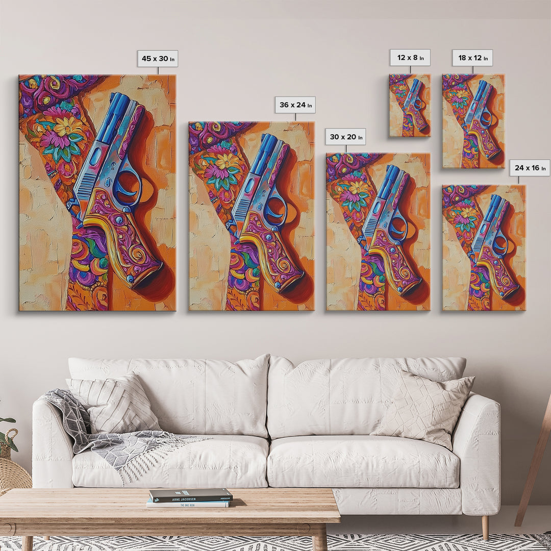 Bold Gun Art, Floral Pistol, Vibrant Western, Pop Art, Framed Canvas Print, Man Cave Wall Art, boho western decor, edgy wall art
