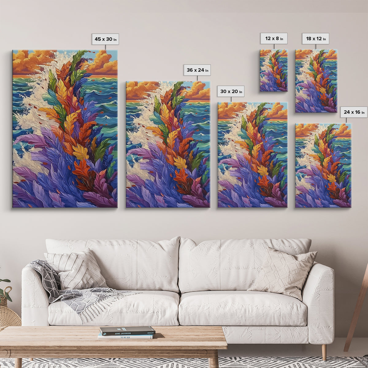 Ocean Feathers, Splash Art, Bright Abstract, Color Burst, Framed Canvas Print, Living Room Wall Art, modern tropical art, bold color