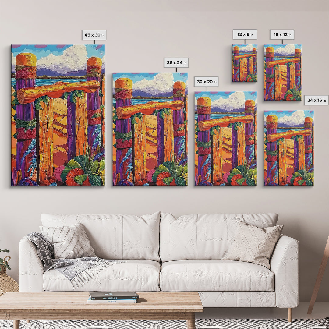 Coastal Fence, Sunset Vibes, Colorful Beach, Ocean Breeze, Framed Canvas Print, Beach House Wall Art, Vibrant Seascape, Tropical Boho Art