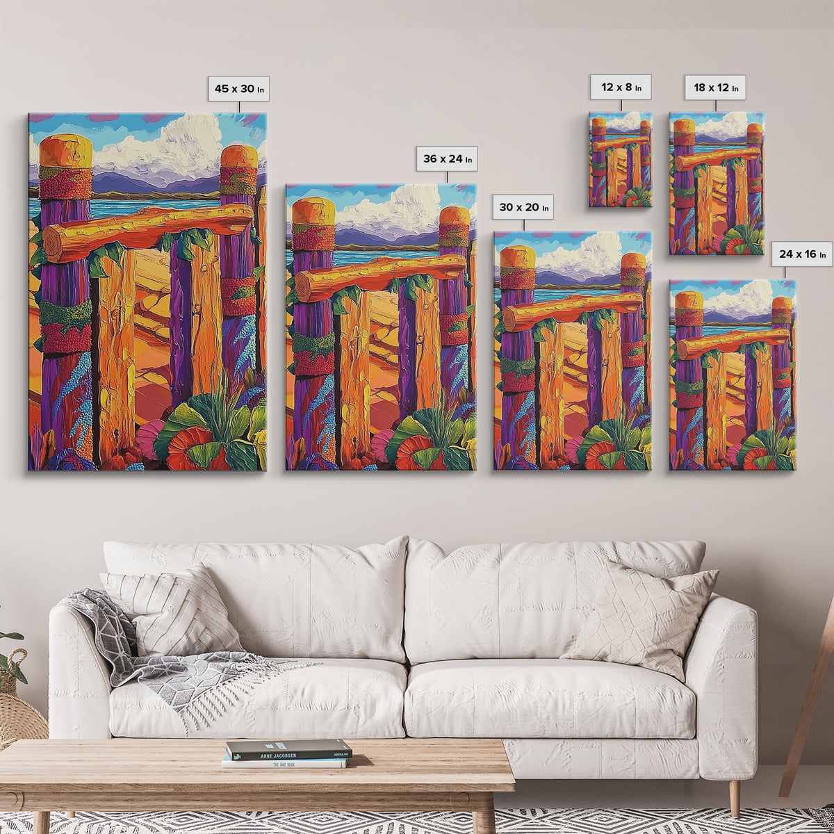 Coastal Fence, Sunset Vibes, Colorful Beach, Ocean Breeze, Framed Canvas Print, Beach House Wall Art, Vibrant Seascape, Tropical Boho Art