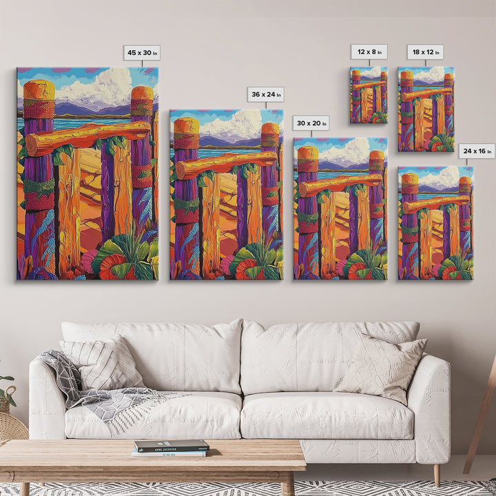 Coastal Fence, Sunset Vibes, Colorful Beach, Ocean Breeze, Framed Canvas Print, Beach House Wall Art, Vibrant Seascape, Tropical Boho Art