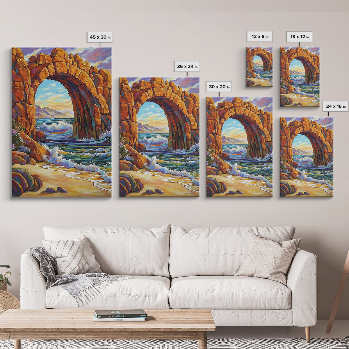 Ocean Arch, Wave Drama, Cliff Coast, Sunset Light, Framed Canvas Print, Living Room Wall Art, Coastal Landscape, Nature Inspired Art
