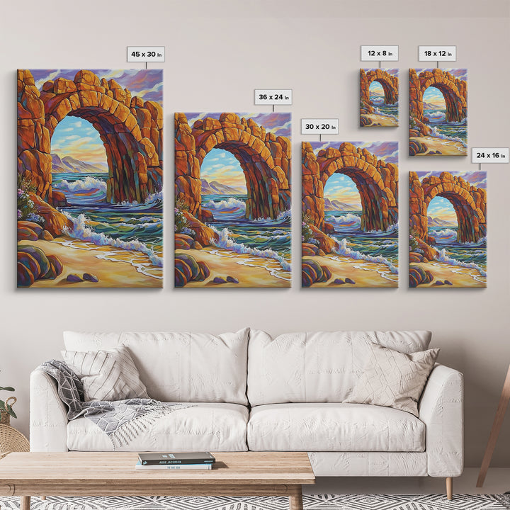Ocean Arch, Wave Drama, Cliff Coast, Sunset Light, Framed Canvas Print, Living Room Wall Art, Coastal Landscape, Nature Inspired Art