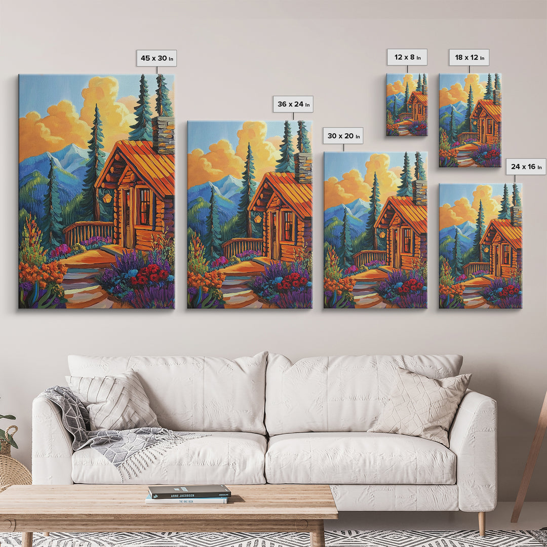 Cabin Escape, Fall Glow, Mountain Forest, Rustic Beauty, Canvas Print, Autumn Wall Art, Log Cabin Decor, Cozy Living Room Accent