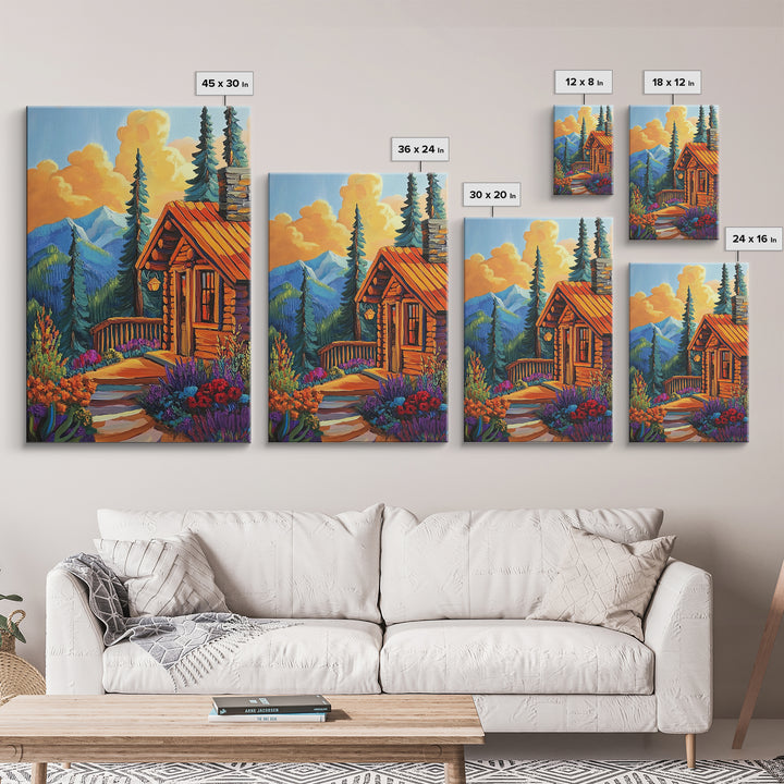 Cabin Escape, Fall Glow, Mountain Forest, Rustic Beauty, Canvas Print, Autumn Wall Art, Log Cabin Decor, Cozy Living Room Accent