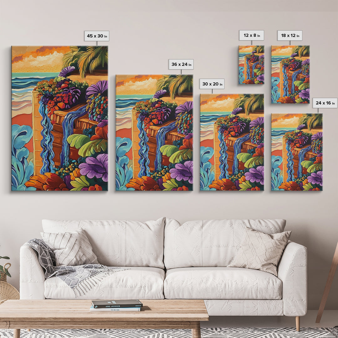 Tropical Garden Waterfall, Coastal Wall Art, Sunset Jungle Scene, Framed Canvas Print, Vibrant Nature Painting, Living Room Boho Art