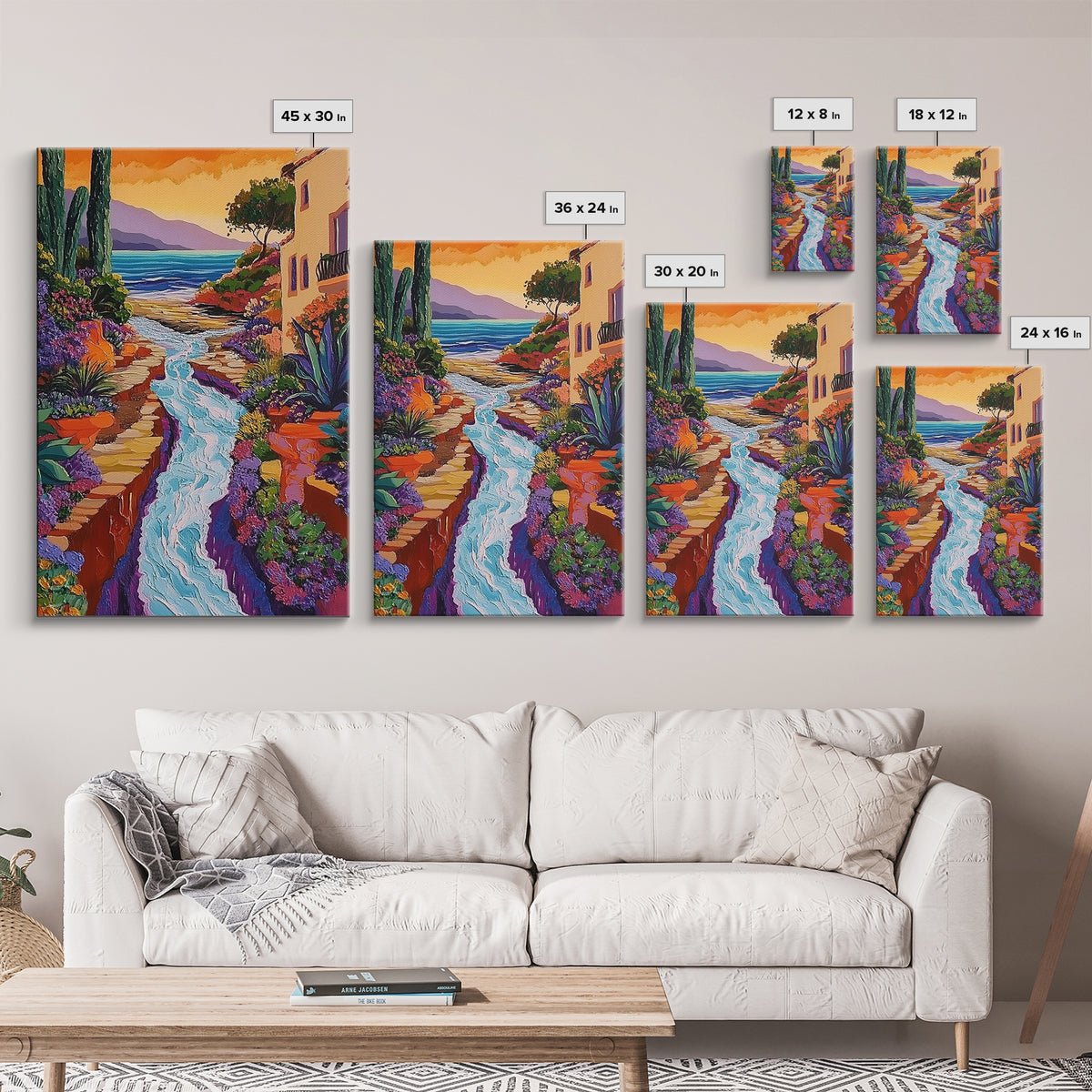 Coastal Pathway Stream, Sunset Cactus Art, Vibrant Garden Trail, Canvas Print, Mediterranean Landscape, Kitchen Wall Decor, Boho Art