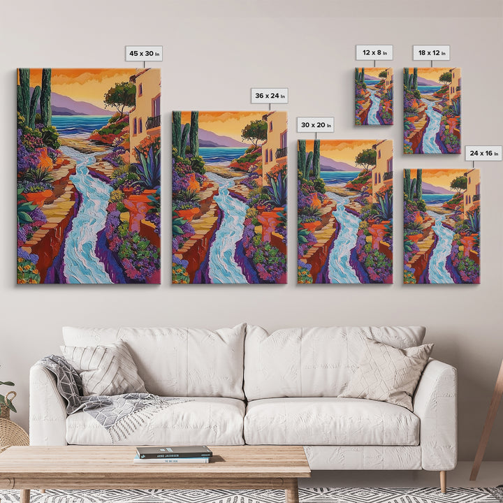Coastal Pathway Stream, Sunset Cactus Art, Vibrant Garden Trail, Canvas Print, Mediterranean Landscape, Kitchen Wall Decor, Boho Art