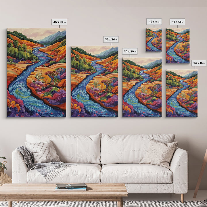 Autumn River Valley, Floral Hillside Art, Bright Fall Landscape, Framed Canvas Print, Seasonal Wall Decor, Living Room Autumn Art