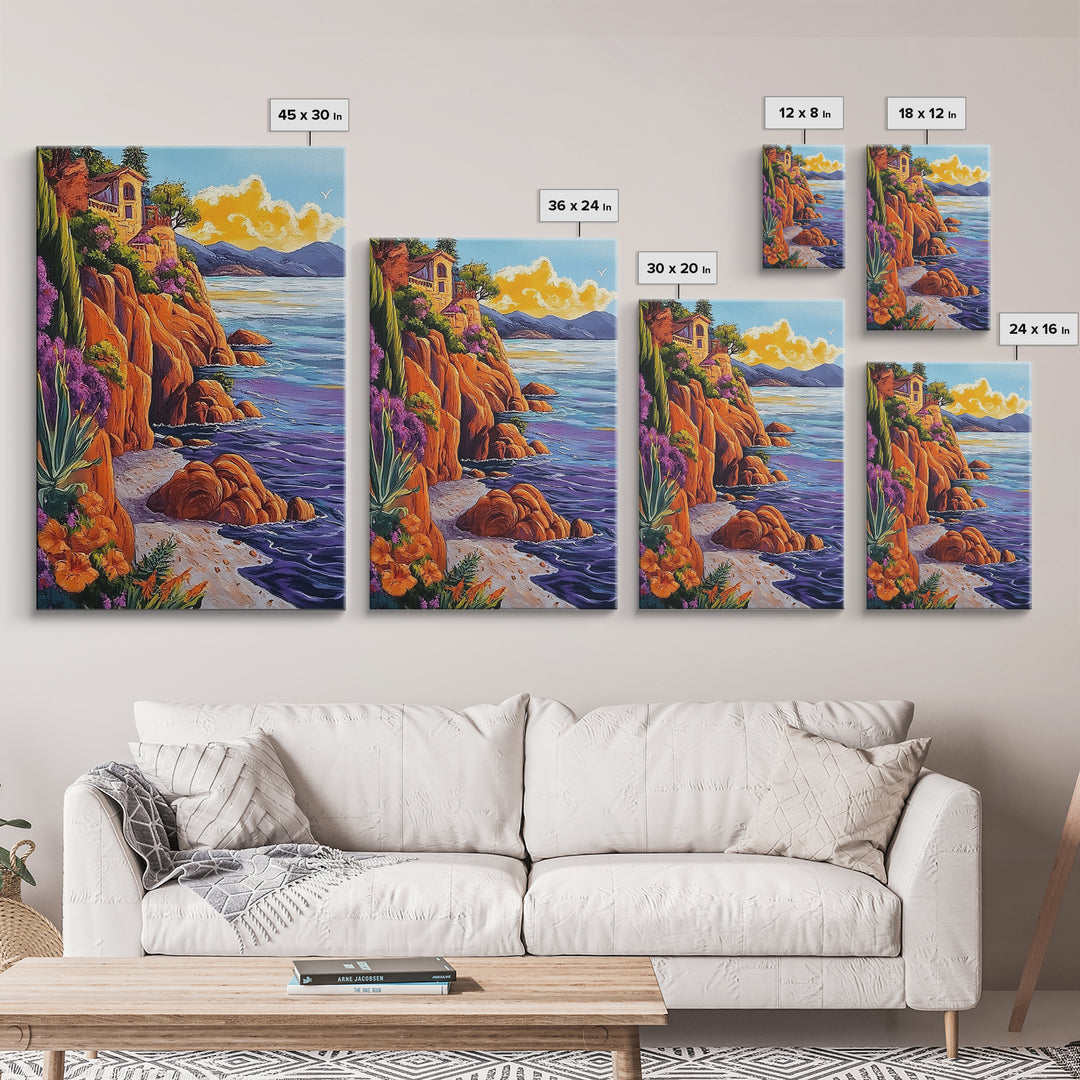 Ocean Cliffside Villa, Seaside Sunset Art, Purple Water Shoreline, Canvas Print, Kitchen Wall Art, Vibrant Mediterranean Landscape