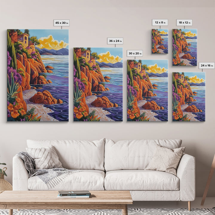 Ocean Cliffside Villa, Seaside Sunset Art, Purple Water Shoreline, Canvas Print, Kitchen Wall Art, Vibrant Mediterranean Landscape
