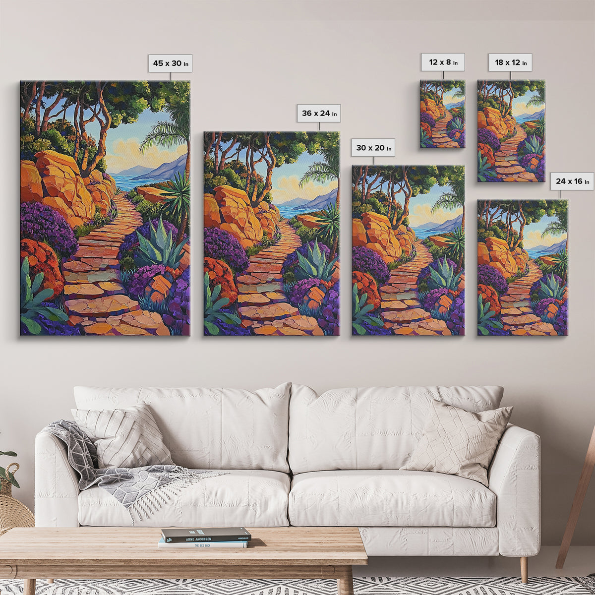 Coastal Trail, Vibrant Path, Tropical Landscape, Nature Art, Sunset Vibes, Living Room Wall Art, Canvas Print, Boho Chic Decor