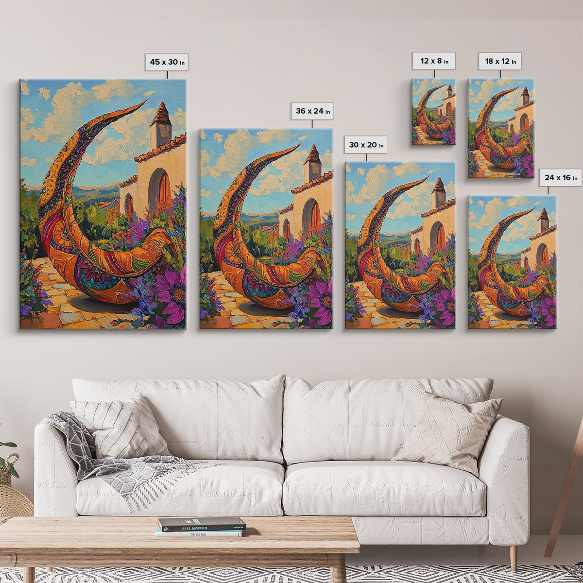 Crescent Sculpture, Sunset Courtyard, Boho Garden Art, Vibrant Southwest Style, Outdoor Decor, Framed Canvas Print, Patio Wall Art