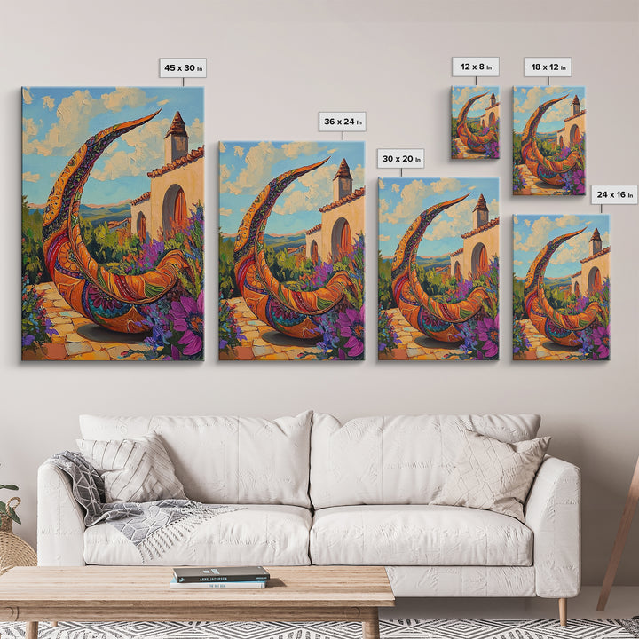 Crescent Sculpture, Sunset Courtyard, Boho Garden Art, Vibrant Southwest Style, Outdoor Decor, Framed Canvas Print, Patio Wall Art