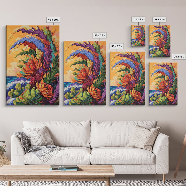 Abstract Florals, Bold Beach Scene, Coastal Flower Art, Vibrant Wall Accent, Kitchen Wall Art, Boho Style, Canvas Print, Sunset Tones