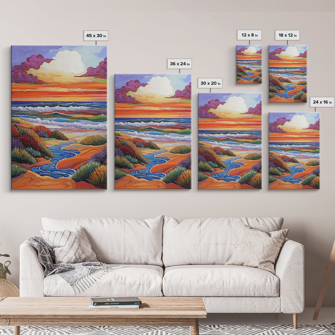 Coastal Sunset, Rolling Waves, Vibrant Beachscape, Boho Ocean Scene, Living Room Wall Art, Seaside Decor, Framed Canvas Print