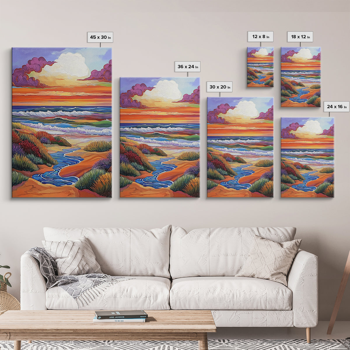 Coastal Sunset, Rolling Waves, Vibrant Beachscape, Boho Ocean Scene, Living Room Wall Art, Seaside Decor, Framed Canvas Print