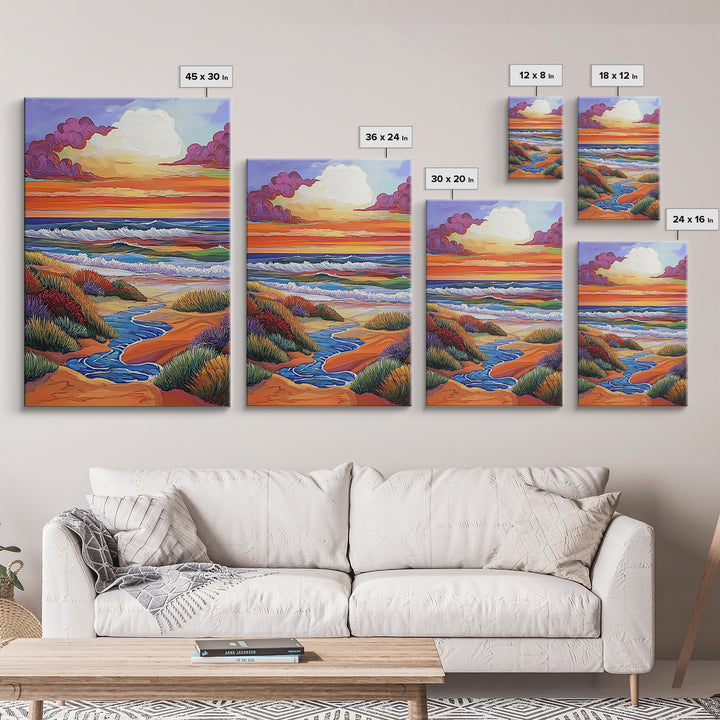 Coastal Sunset, Rolling Waves, Vibrant Beachscape, Boho Ocean Scene, Living Room Wall Art, Seaside Decor, Framed Canvas Print