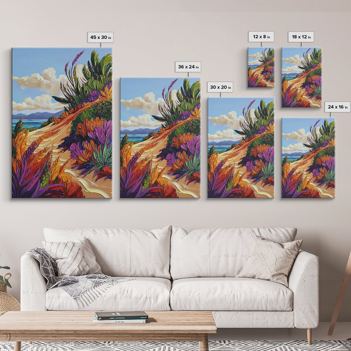 Ocean Cliff Path, Colorful Flora, Coastal Desert View, Summer Breeze Art, Beach House Wall Art, Canvas Print, Boho Nature Style