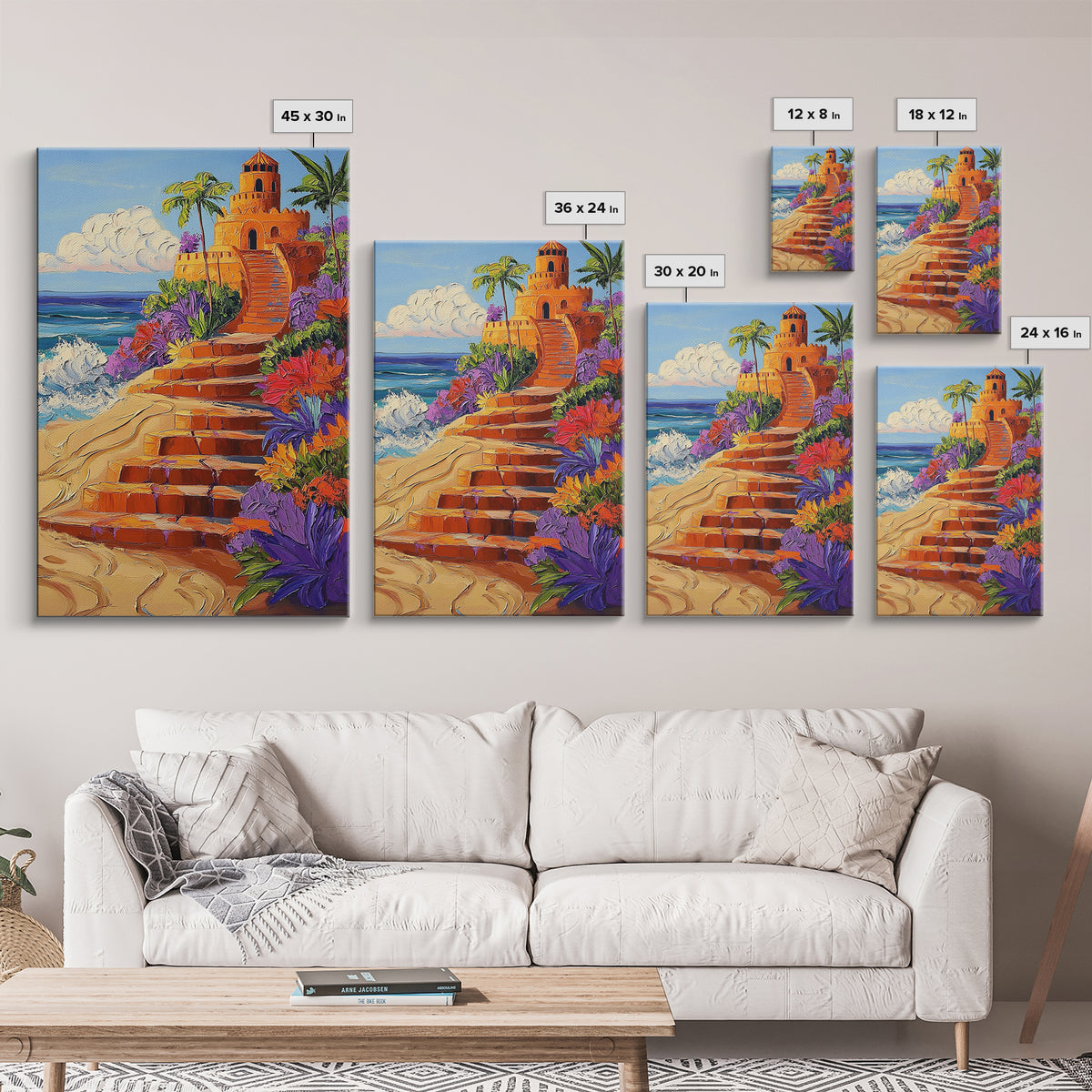 Coastal Castle, Vibrant Tropics, Seaside Fantasy Art, Bold Beach Decor, Playful Wall Accent, Framed Canvas Print, Tropical Style Room