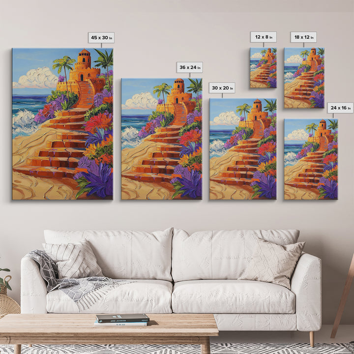 Coastal Castle, Vibrant Tropics, Seaside Fantasy Art, Bold Beach Decor, Playful Wall Accent, Framed Canvas Print, Tropical Style Room