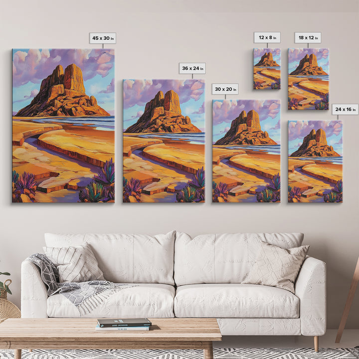 Desert Monolith, Canyon Rock, Purple Sky, Southwest Vibes, Framed Canvas Print, Boho Wall Art, Desert Landscape, Office Wall Decor