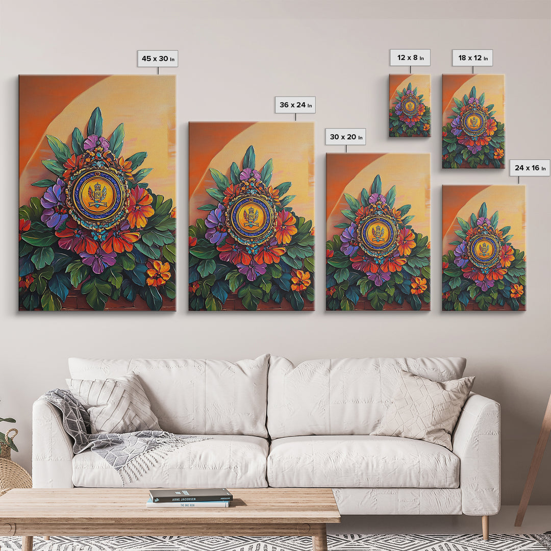 Royal Crest, Floral Emblem, Mediterranean Decor, Vibrant Details, Framed Canvas Print, Kitchen Wall Art, Spanish Wall Art, Regal Vibe