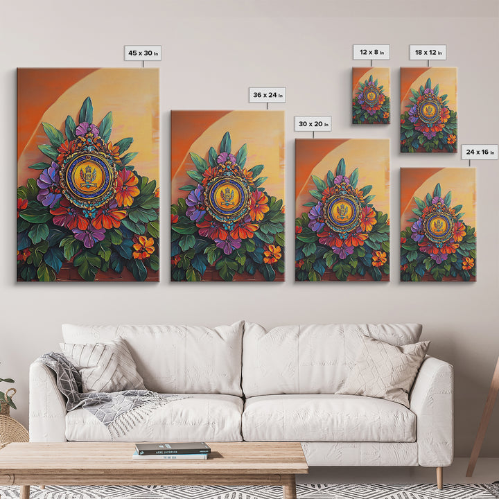 Royal Crest, Floral Emblem, Mediterranean Decor, Vibrant Details, Framed Canvas Print, Kitchen Wall Art, Spanish Wall Art, Regal Vibe