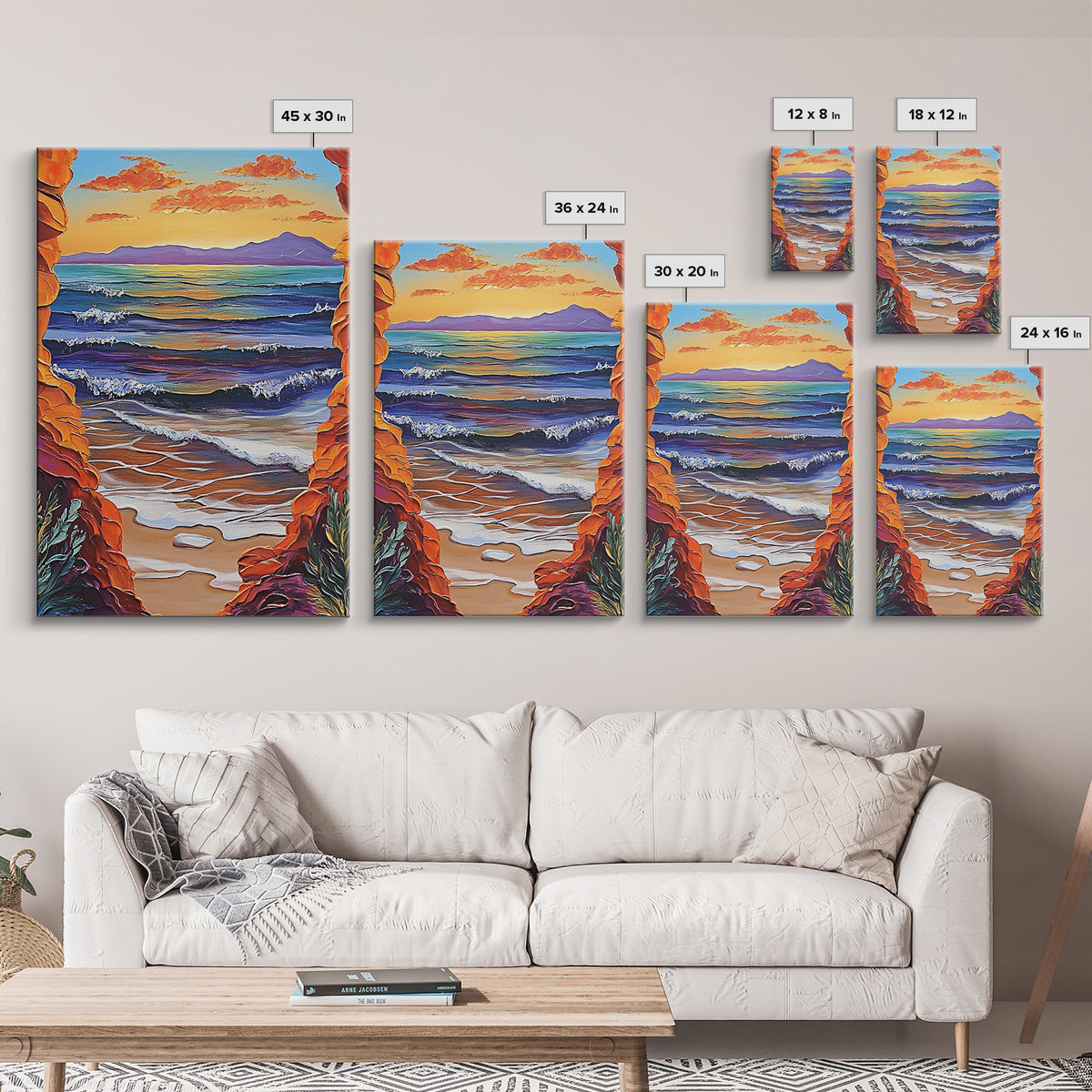 Ocean Horizon, Cliffside View, Sunset Waves, Peaceful Seascape, Framed Canvas Print, Living Room Wall Art, Beach Window View