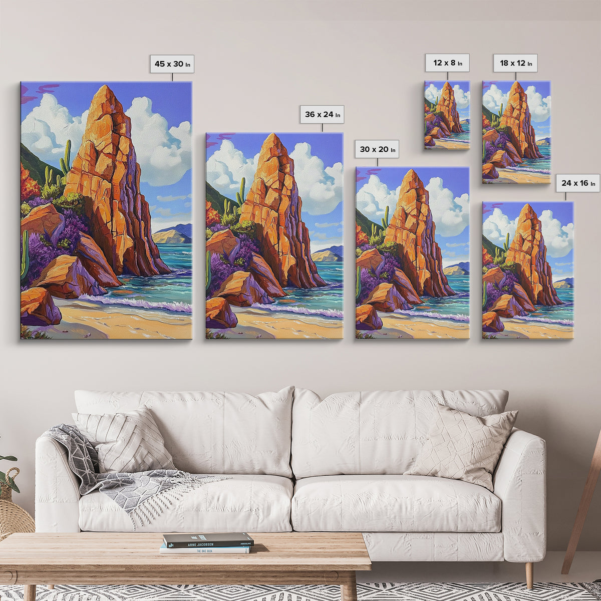 Rocky Spire, Cactus Landscape, Desert Coastline, Nature Escape, Framed Canvas Print, Western Wall Art, Adventure Travel Aesthetic