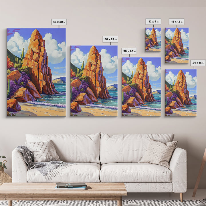Rocky Spire, Cactus Landscape, Desert Coastline, Nature Escape, Framed Canvas Print, Western Wall Art, Adventure Travel Aesthetic