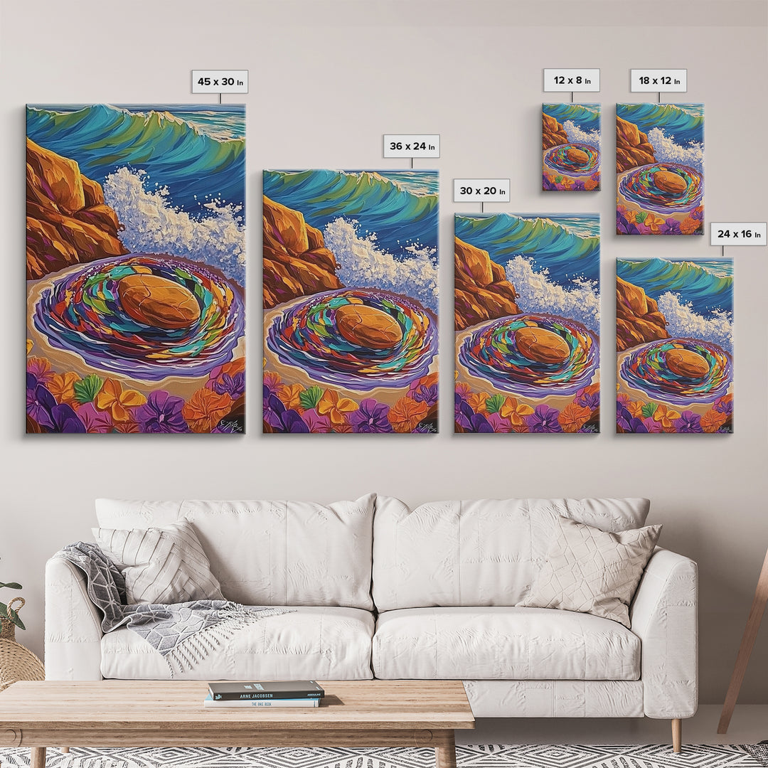 Ocean Spiral Stones, Coastal Zen Art, Sea Energy Waves, Framed Canvas Print, Boho Beach Wall Art, Meditation Room Decor, Nature Spiritual Art