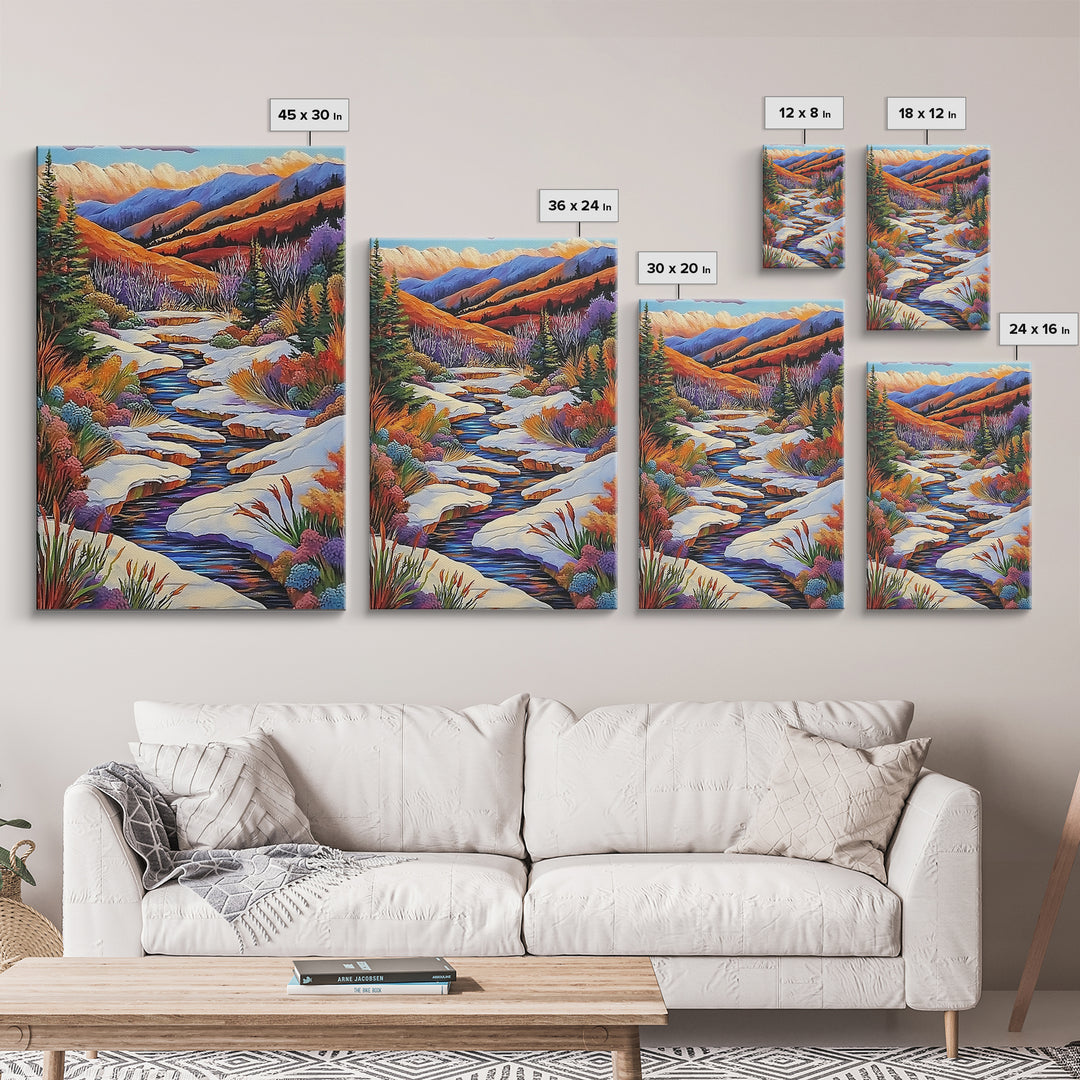 Autumn Snow Creek, Mountain Fall Scene, Nature River Painting, Framed Canvas Print, Cozy Living Room Wall Art, Rustic Cabin Style