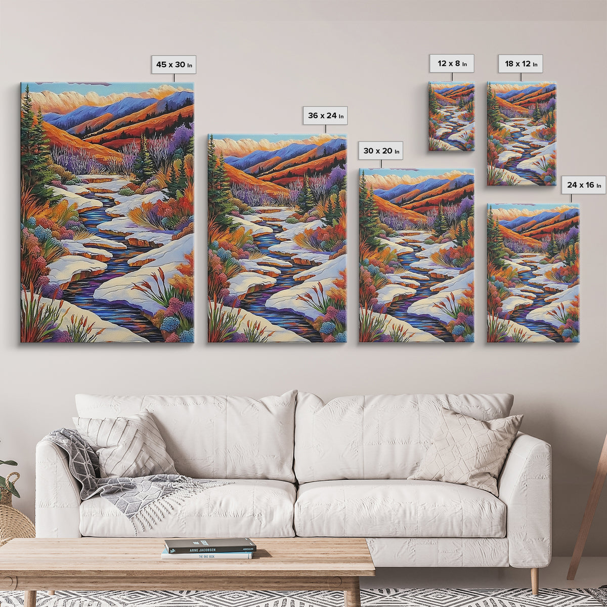 Autumn Snow Creek, Mountain Fall Scene, Nature River Painting, Framed Canvas Print, Cozy Living Room Wall Art, Rustic Cabin Style