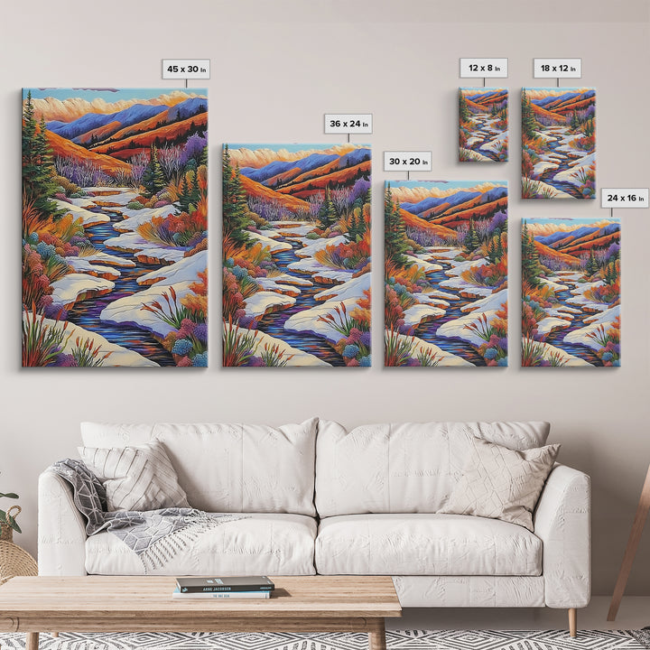 Autumn Snow Creek, Mountain Fall Scene, Nature River Painting, Framed Canvas Print, Cozy Living Room Wall Art, Rustic Cabin Style