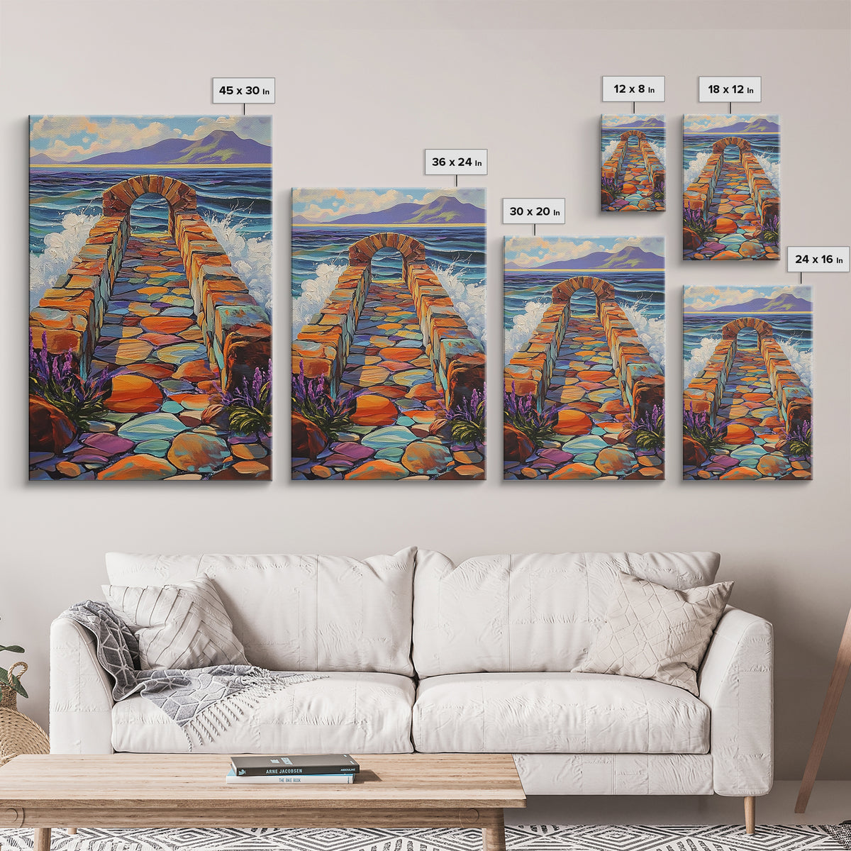 Ocean Stone Path Painting, Canvas Print, Coastal entryway art, vibrant beach decor, boho landscape print, nautical wall piece