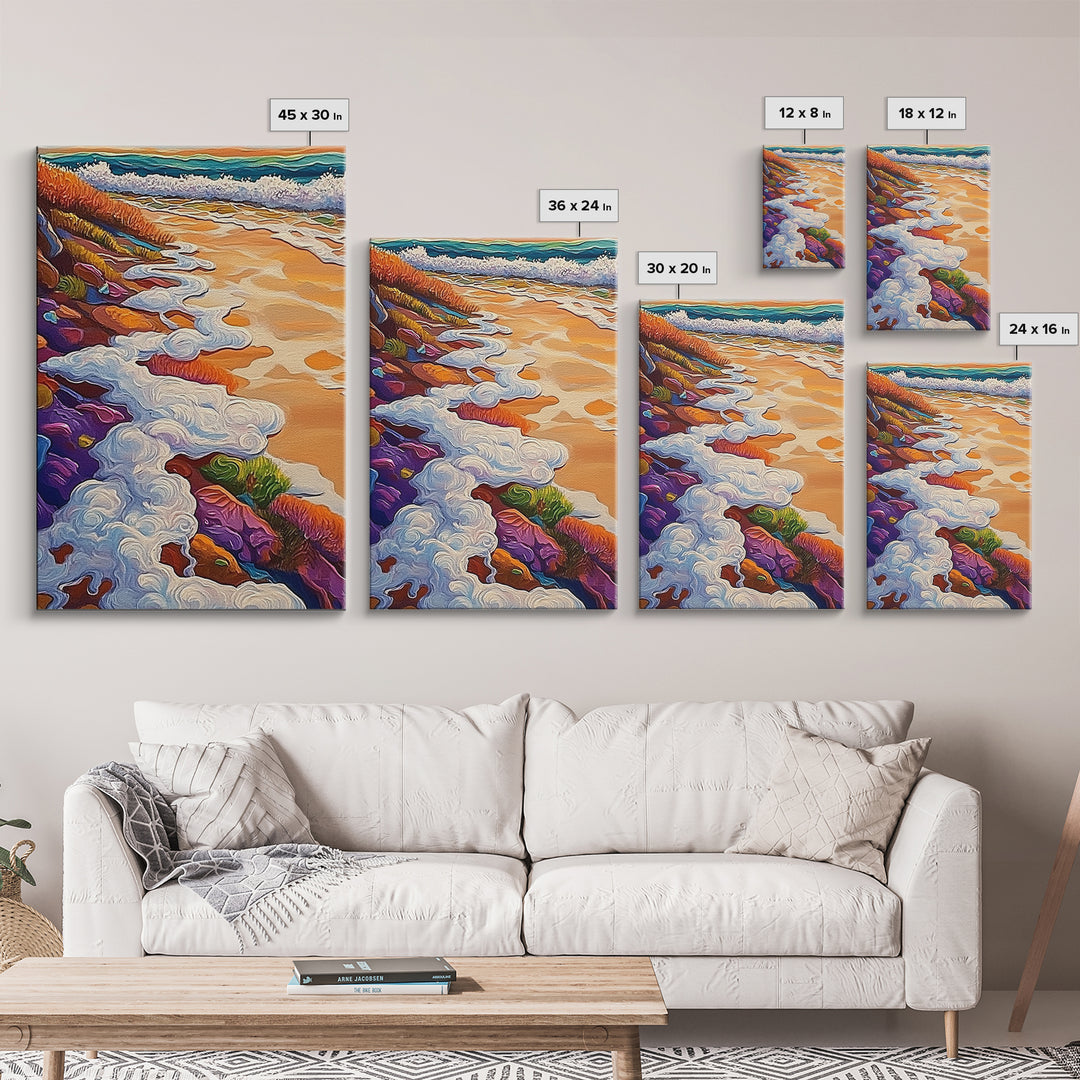 Ocean Shore Foam, Abstract Beach Scene, Coastal Texture Art, Framed Canvas Print, Summer Bathroom Wall Art, Vibrant Seaside Style
