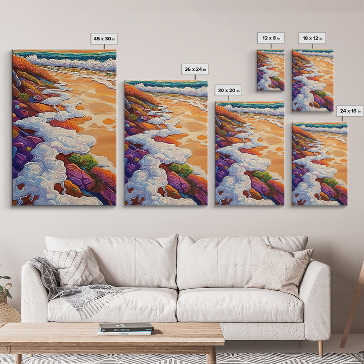 Ocean Shore Foam, Abstract Beach Scene, Coastal Texture Art, Framed Canvas Print, Summer Bathroom Wall Art, Vibrant Seaside Style