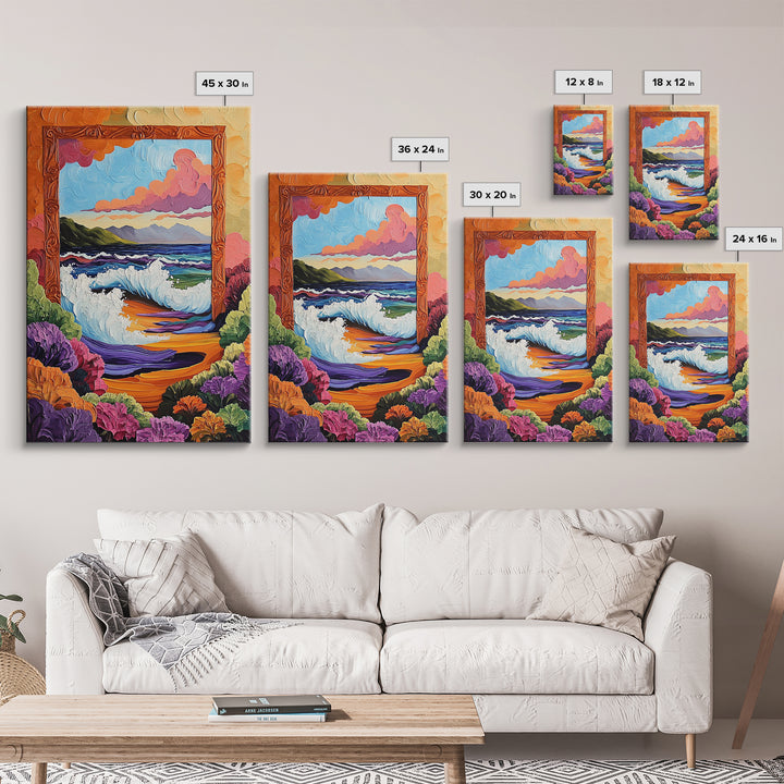 Ocean Frame, Crashing Waves, Surreal Seascape, Floral Shoreline, Framed Canvas Print, Coastal Wall Art, Bathroom Decor, Dreamy Beach Art