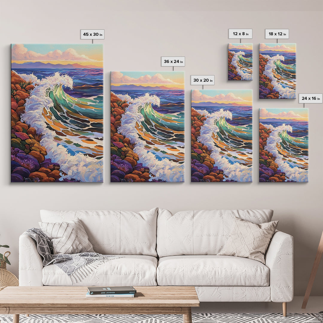 Crashing Ocean Wave, Rocky Coastline Scene, Vibrant Beach Art, Framed Canvas Print, Nature Inspired, Coastal Living Room Wall Art