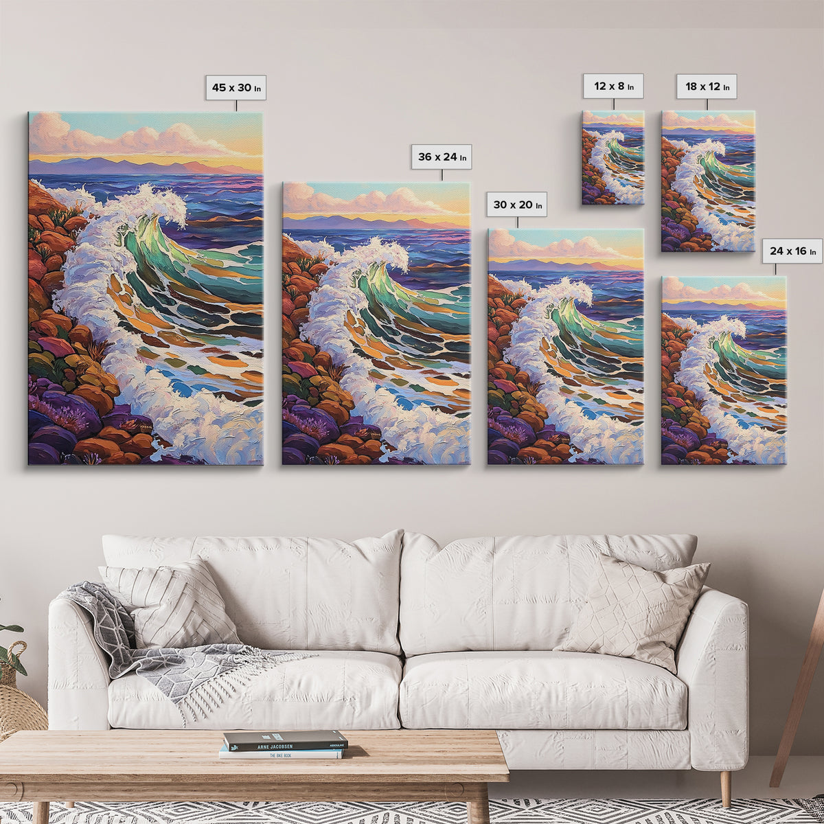 Crashing Ocean Wave, Rocky Coastline Scene, Vibrant Beach Art, Framed Canvas Print, Nature Inspired, Coastal Living Room Wall Art