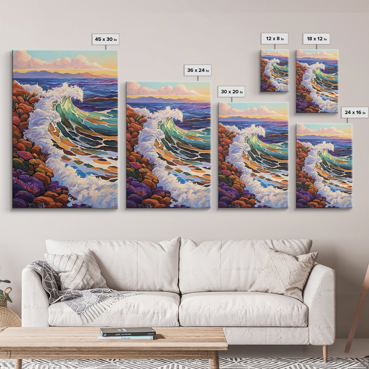 Crashing Ocean Wave, Rocky Coastline Scene, Vibrant Beach Art, Framed Canvas Print, Nature Inspired, Coastal Living Room Wall Art