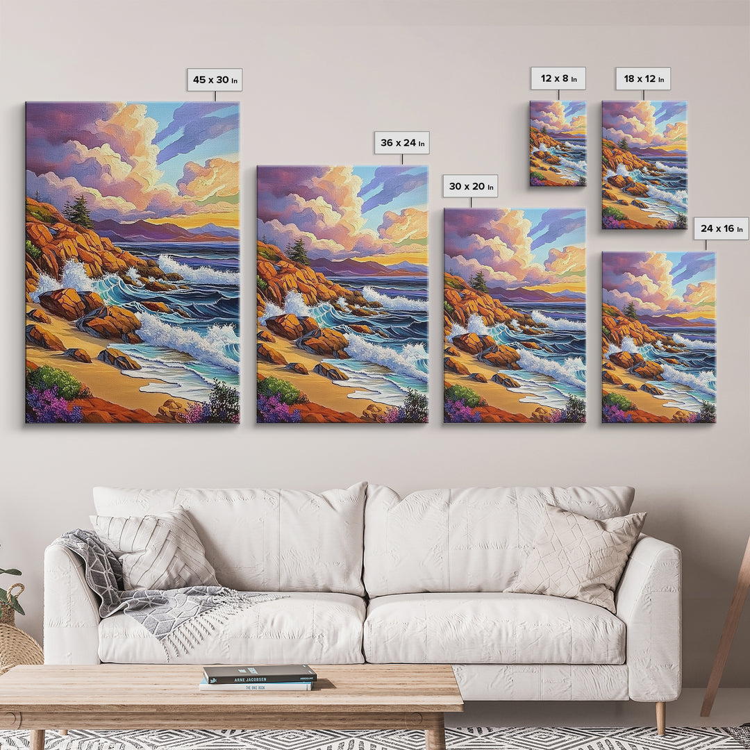 Rocky Beach Landscape, Dramatic Sky Scene, Coastal Ocean View, Canvas Print, Fall Nature Decor, Living Room Wall Art
