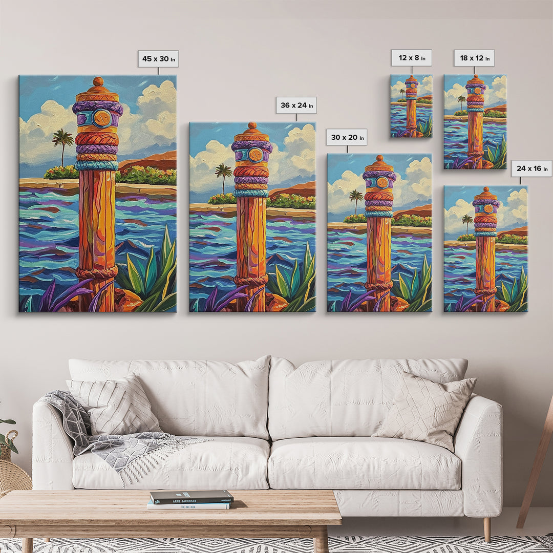 Nautical Pole Art, Tropical Shoreline Decor, Canvas Print, Coastal Boho Wall Art, Bathroom Beach Theme, Island Inspired Design