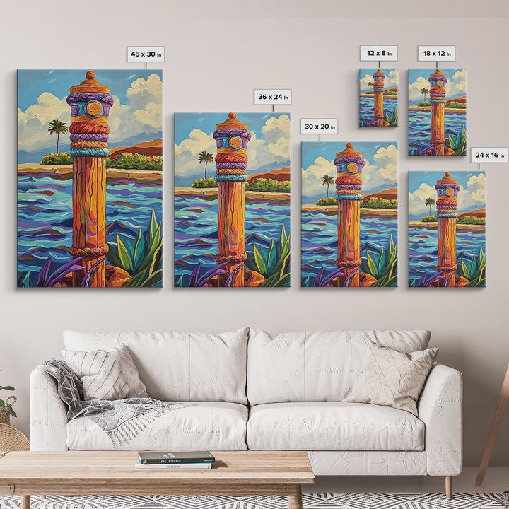 Nautical Pole Art, Tropical Shoreline Decor, Canvas Print, Coastal Boho Wall Art, Bathroom Beach Theme, Island Inspired Design