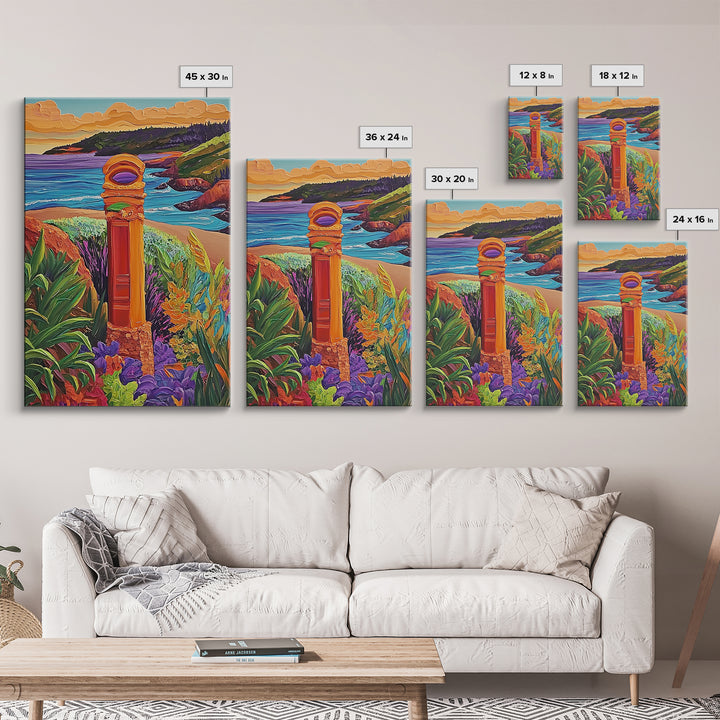 Coastal Landmark Art, Beach Garden View, Framed Canvas Print, Vibrant Landscape Wall Art, Sunroom Decor, Bright Coastal Scene