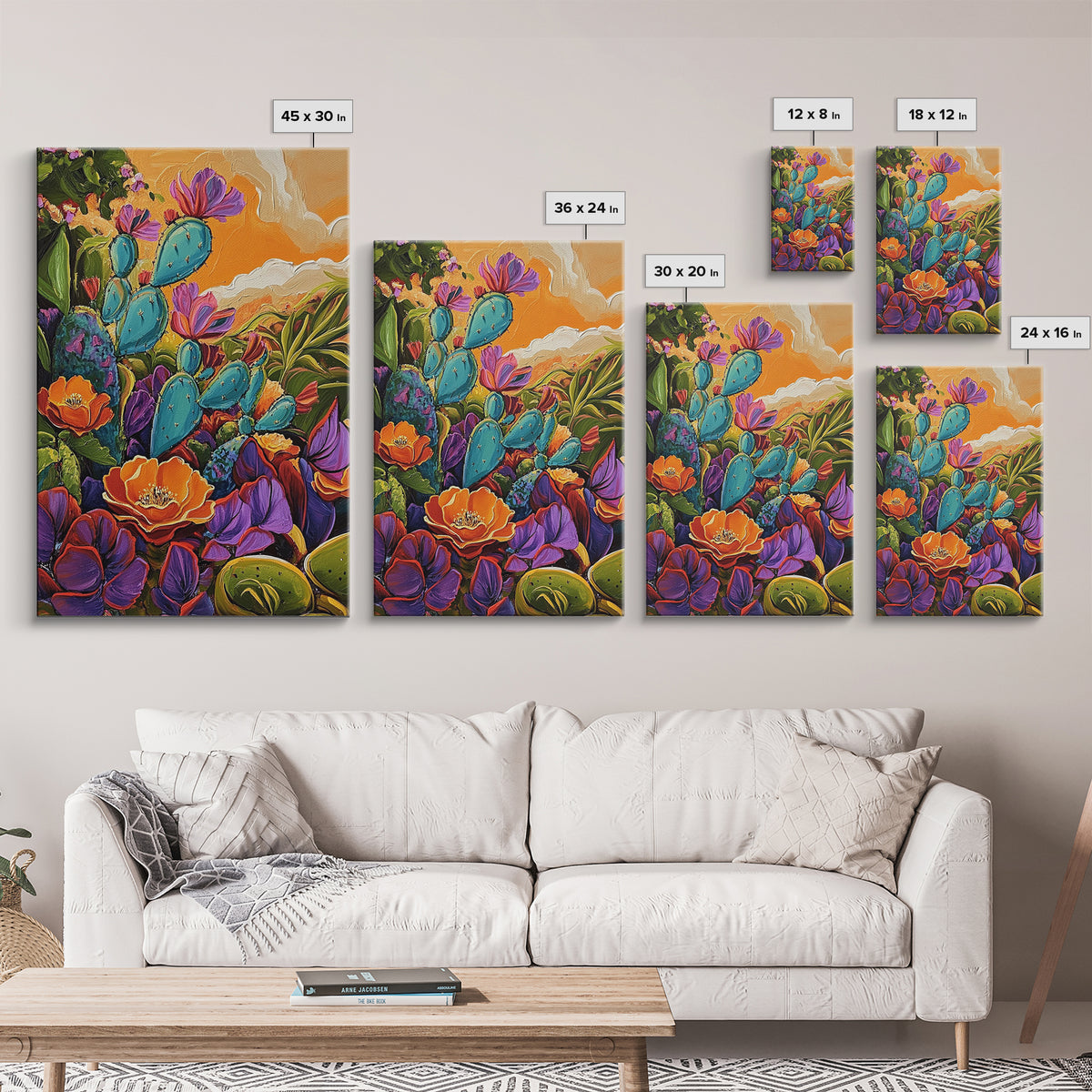 Prickly Wildflowers, Cactus, Garden, Framed Canvas Print floral cactus art, vibrant botanical painting, nature decor, desert boho living room